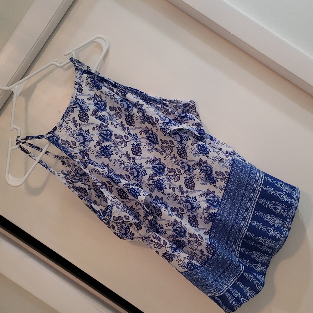 Pink Rose  Cold Shoulder Blue and White Floral Print Top